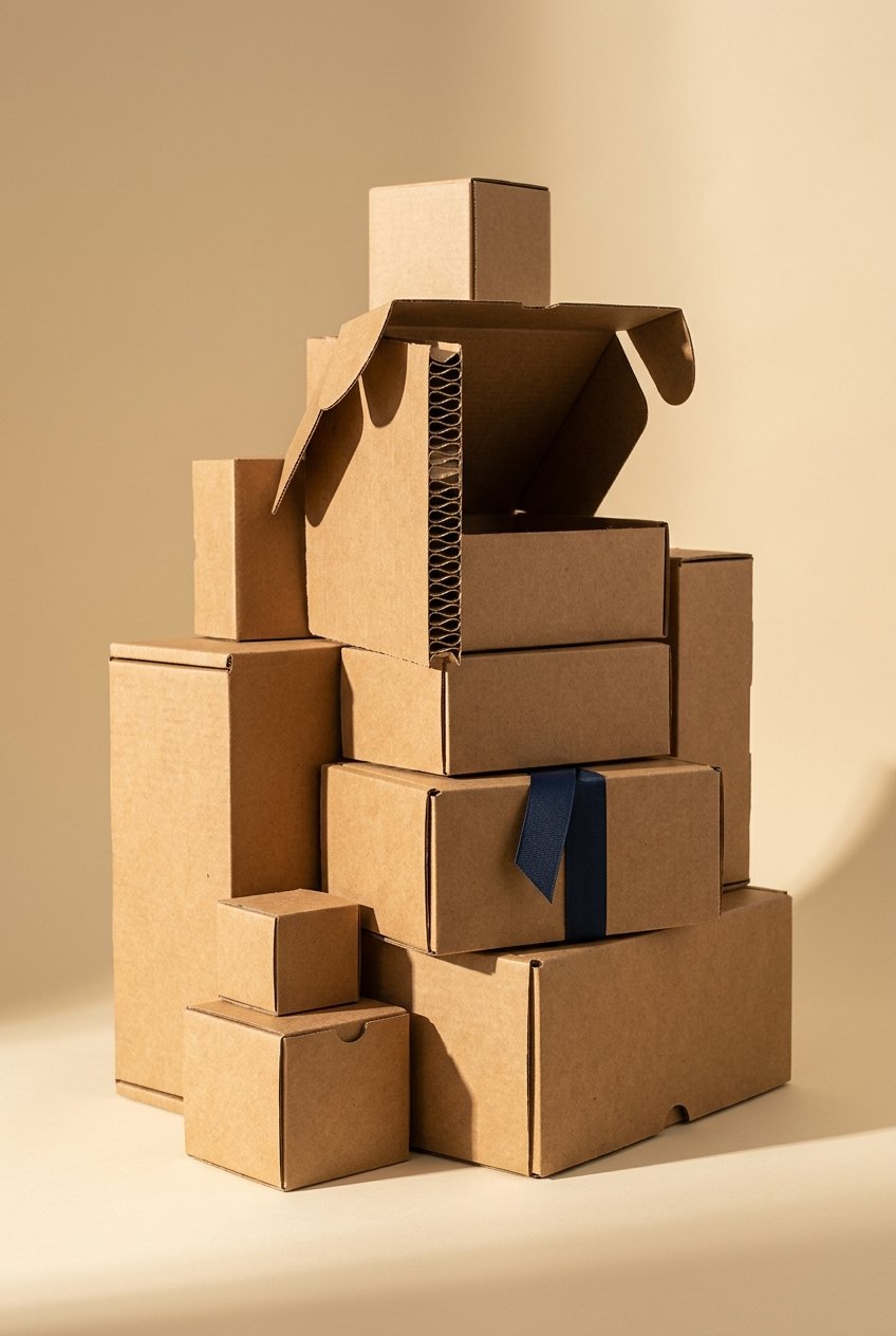 Stack of kraft corrugated boxes engineered by Skanda Packaging