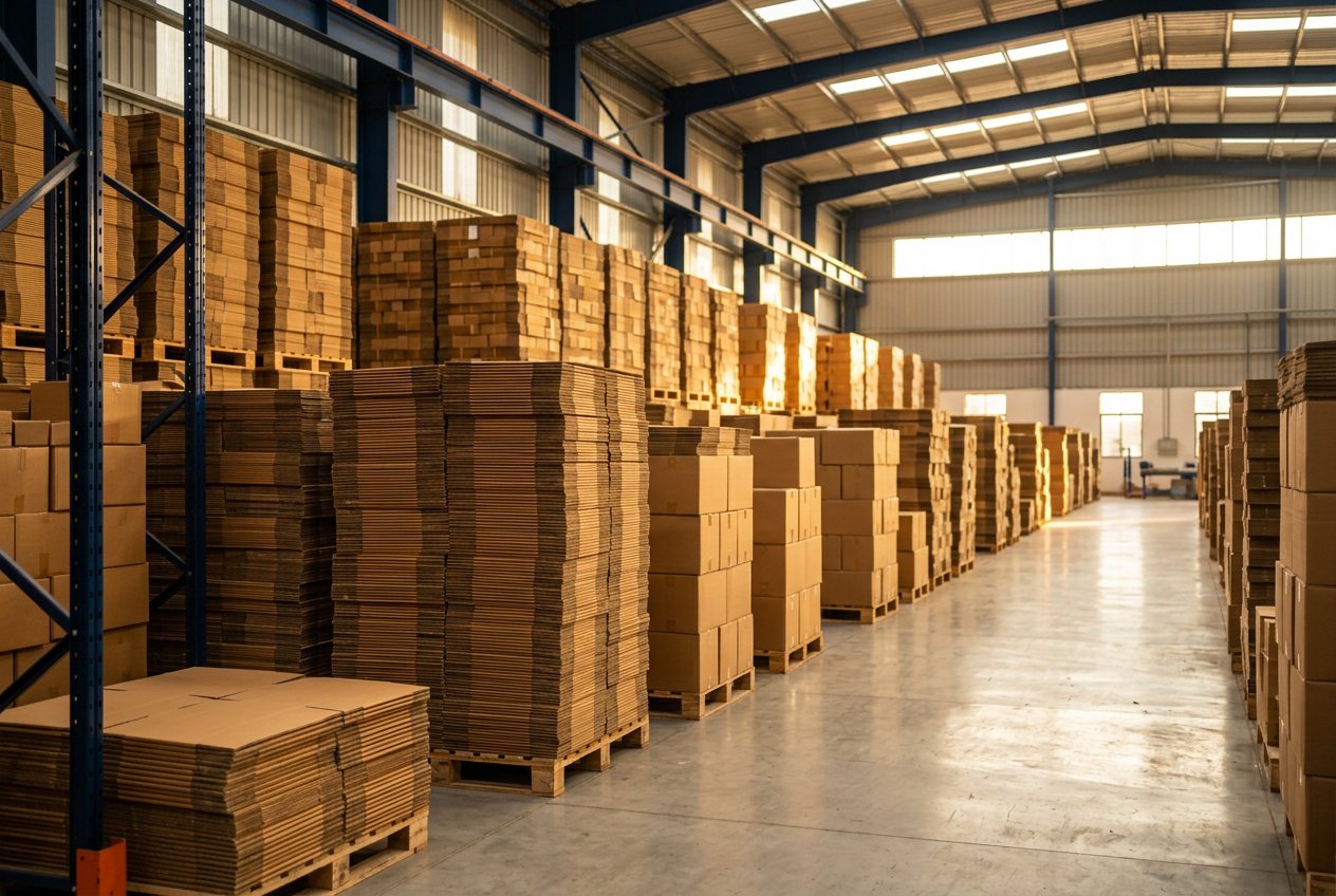 Finished goods warehouse stocked with corrugated boxes